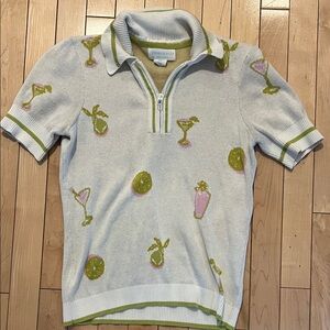 Cynthia Rowley 100% Cotton Short sleeve collared sweater with Cocktail Print